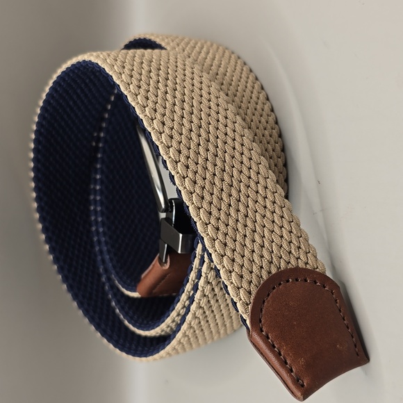 Tommy Bahama Belt Mens L/XL 38-42 Beige Navy Leather Reversible Stretch Weaved - Picture 7 of 7